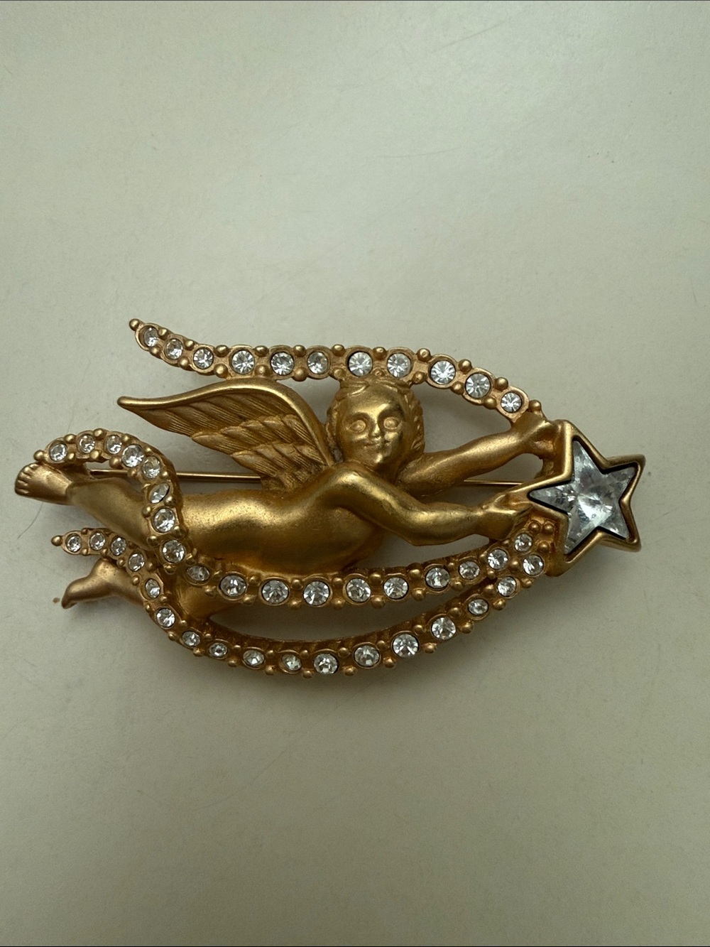 Swarovski Swan Signed Gold Tone Christmas Angel and Star Crystal Brooch